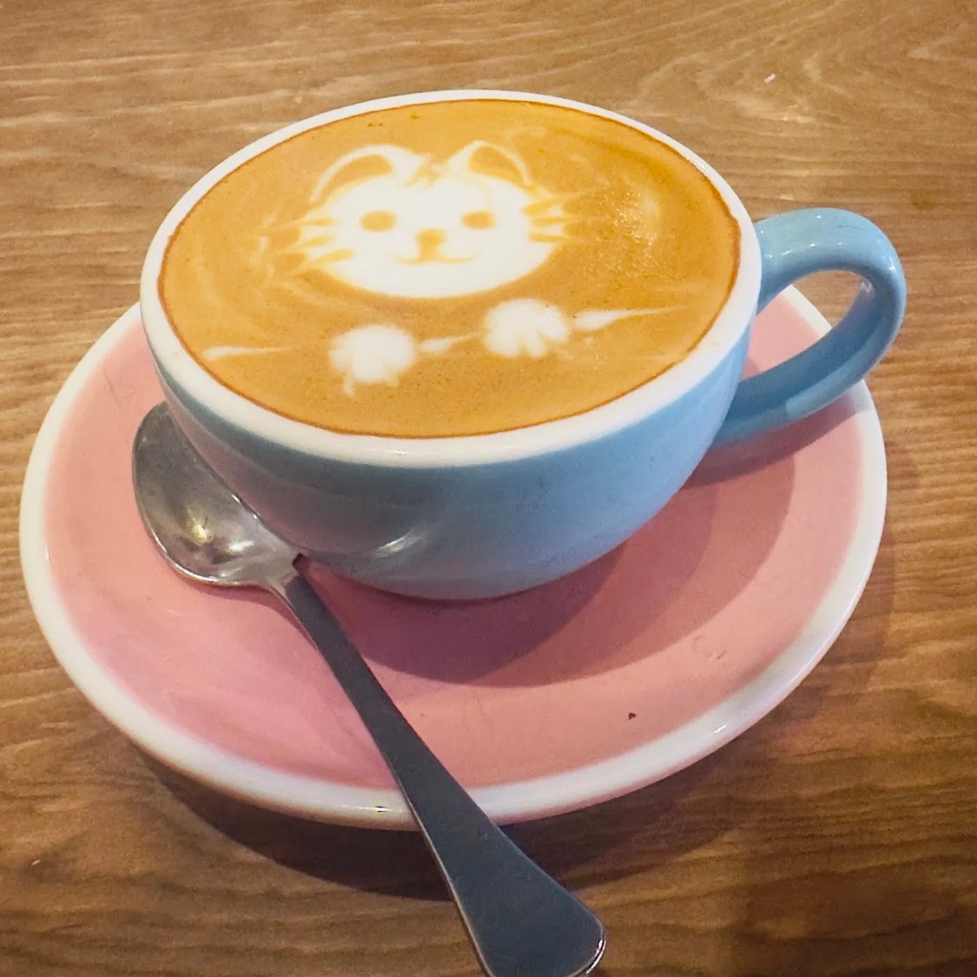 Café con leche con dibujo de gato en taza azul
